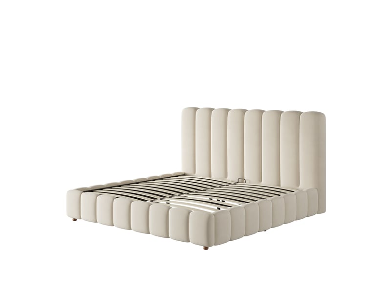  Lit coffre 160x200 cm - lit double rembourré - tête de lit à rayures - rangement hydraulique avec sommier à lattes - beige  - Conforama A