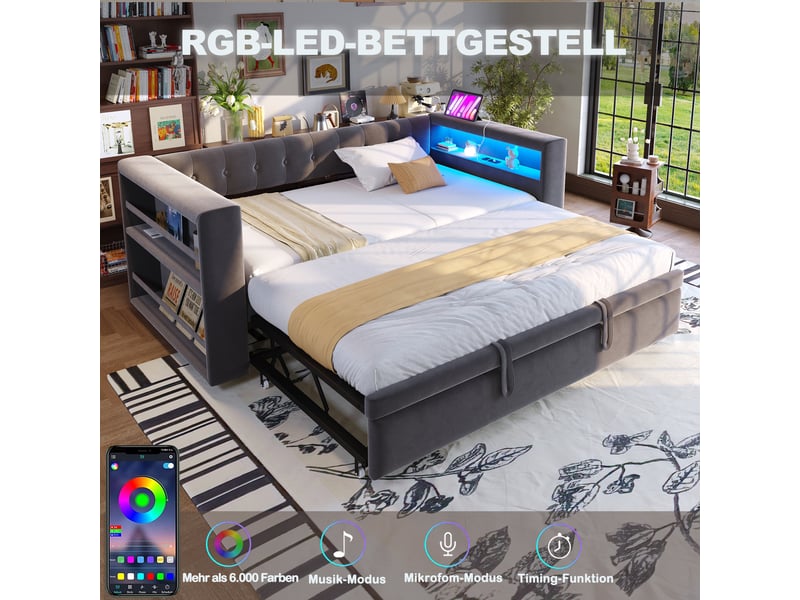  Canapé-lit capitonné 90 ou 180 × 190 cm avec led, prises et rangements, flanelle gris foncé, multifonctionnel  - Conforama C
