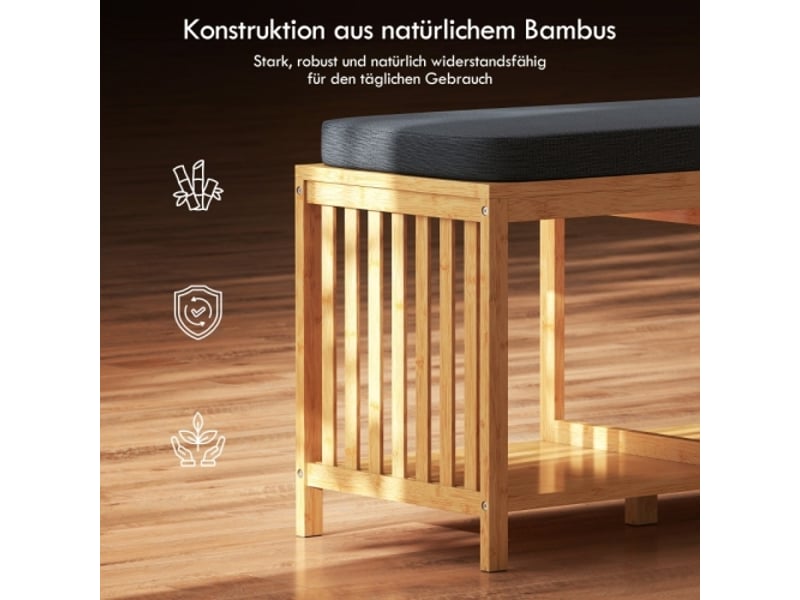  Banc à chaussures en bambou aspect bois naturel, assise rembourrée et rangement ouvert  - Conforama E