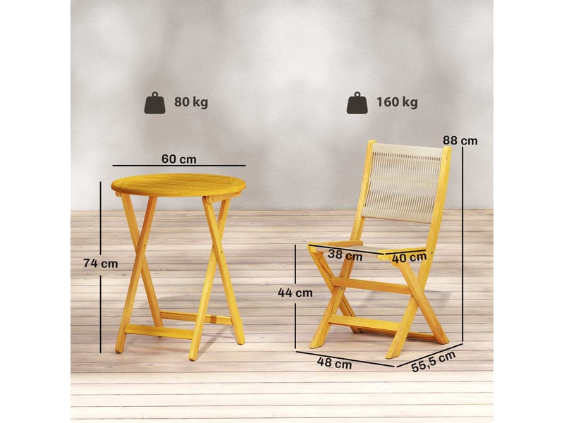  Ensemble de mobilier de balcon, 3 pièces, polyrotin et bois, ensemble de jardin pliable avec table et 2 chaises, respirant  - Conforama E