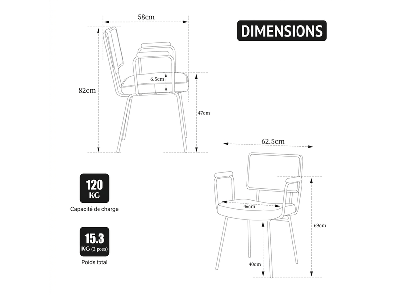 Lot de 2 chaises de salle à manger, chaise noire avec accoudoirs, dossier aspect rotin et pieds en métal - Conforama C