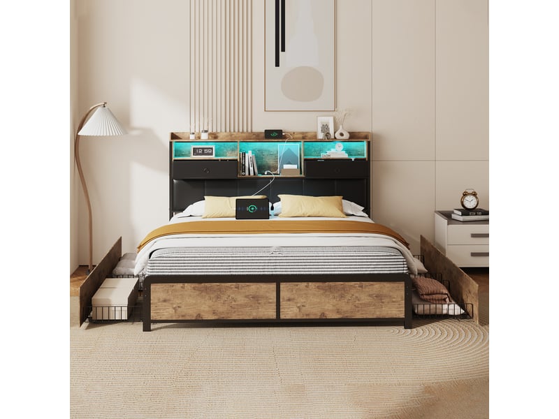 Lit 160x200 avec rangement , tête de lit multifonction avec led, usb et coffre, structure métallique en style industriel, sans matelas - Conforama B