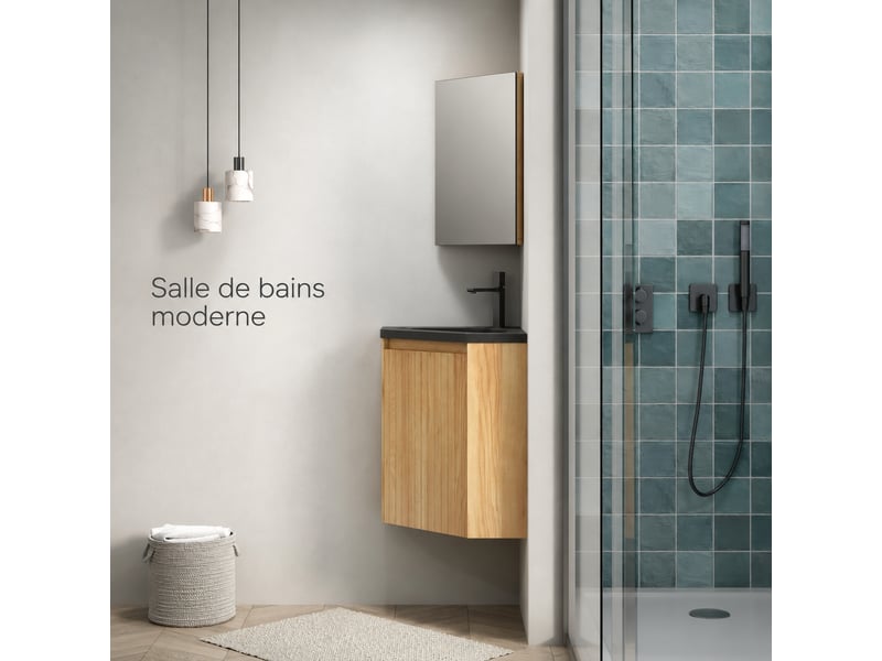  Meuble vasque mural d'angle 38 cm avec vasque intégrée en résine noir mat  - Conforama E
