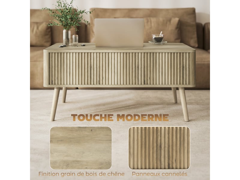  Table basse relevable, table de salon avec 2 compartiments cachés et pieds en pin, chêne, 91 x 56 x 43 cm  - Conforama R