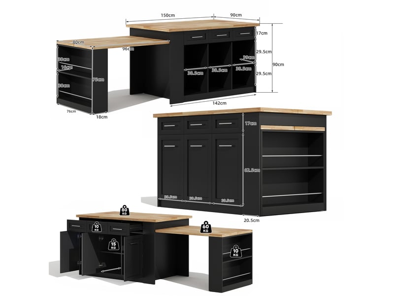  Îlot de cuisine multifonctionnel 150x90x90 cm avec table extensible mdf noir et naturel  - Conforama C
