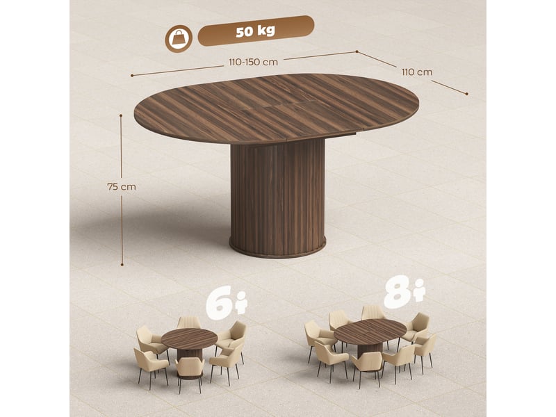  Table à manger extensible pour 6 à 8 personnes, 110-150 cm, noyer, table de cuisine ovale avec piètement central rond  - Conforama C