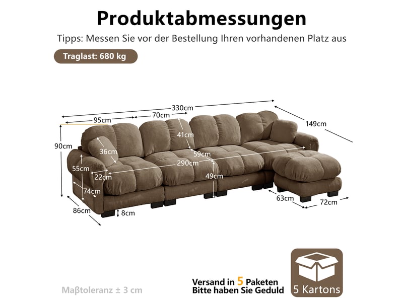 Canapé d'angle modulable 4 places modenvie avec repose-pieds mobile, tissu chenille marron, 330 x 149 x 90 cm  - Conforama C