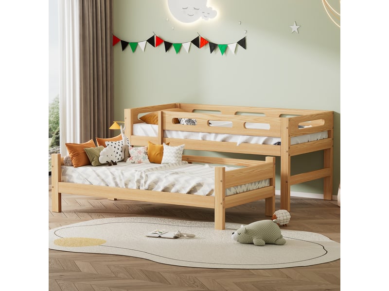  Lit superposé enfant 90x200 cm séparable en 2 lits simples, cadre robuste en bois de pin, pour enfants et adolescents, finition naturelle  - Conforama D