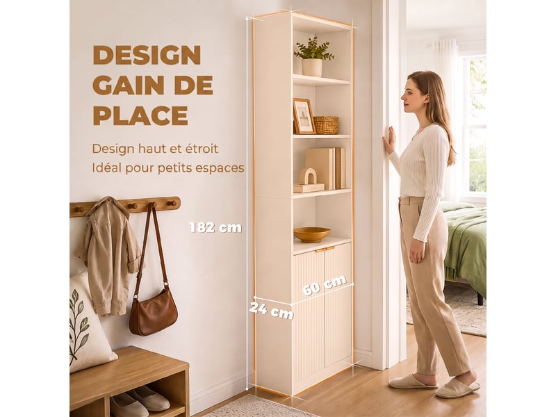  Bibliothèque 6 niveaux avec 4 niches et 2 portes mdf blanc 60 x 24 x 182 cm  - Conforama E
