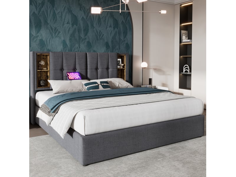  Lit coffre tcqpz 160 x 200 cm avec chargement sans fil usb c en coton gris  - Conforama B