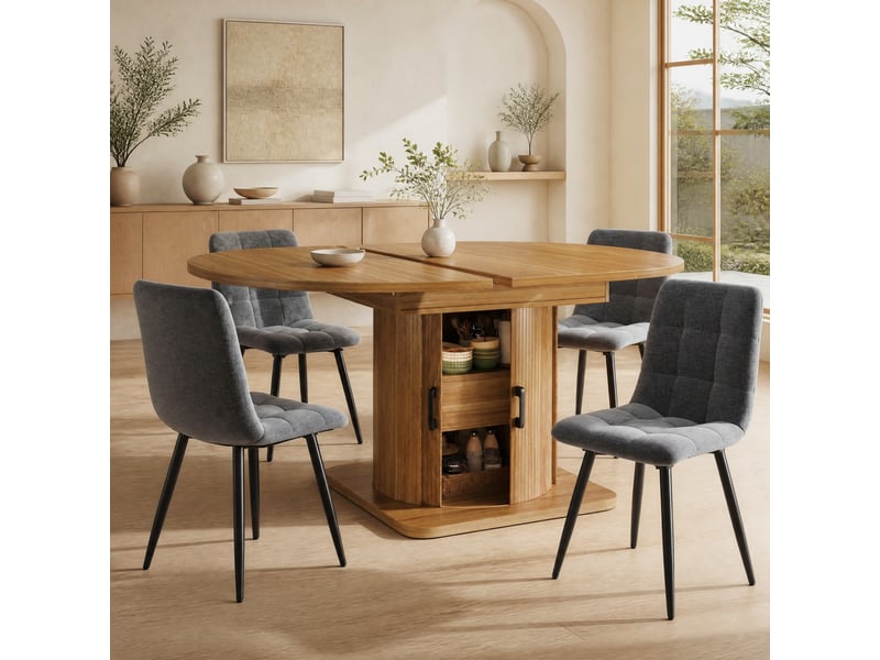  Ensemble table et chaises avec 1 table extensible et 4 chaises  - rangement - mdf et lin - brun foncé  - Conforama B