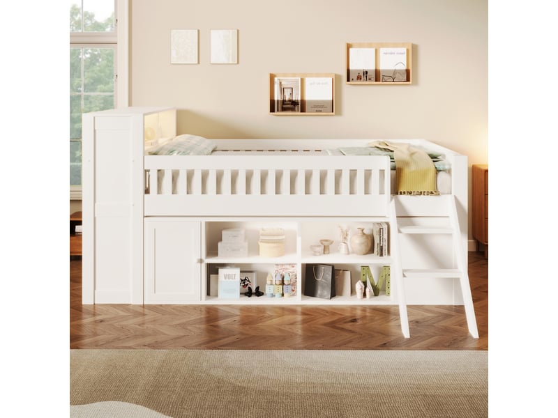  Lit en bois 140 x 200 cm avec éclairage led et rangement intégré, blanc evarich - Conforama E
