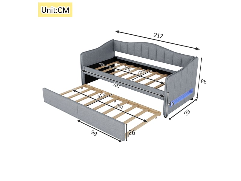  Canapé lit 90x200cm, sommiers, accoudoirs, lit gigogne avec éclairage avec éclairage led, design simple, lin gris, sans matelas  - Conforama C
