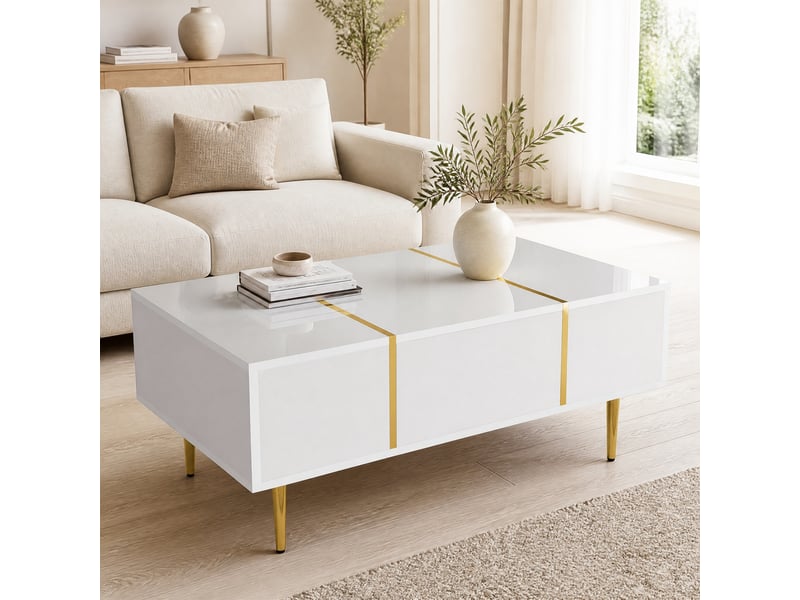 Table basse avec 2 tiroirs et plateau brillant - lpospi - détails en métal doré, mdf blanc 100 × 60 × 41,5 cm - Conforama B