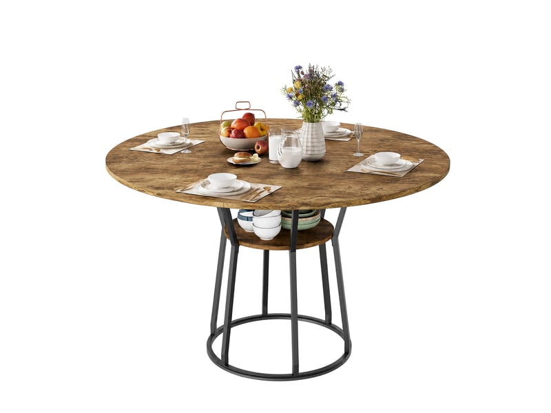 Table à manger ronde 6 personnes avec plateau aspect bois et pied en métal 120 cm, bois clair  - Conforama A