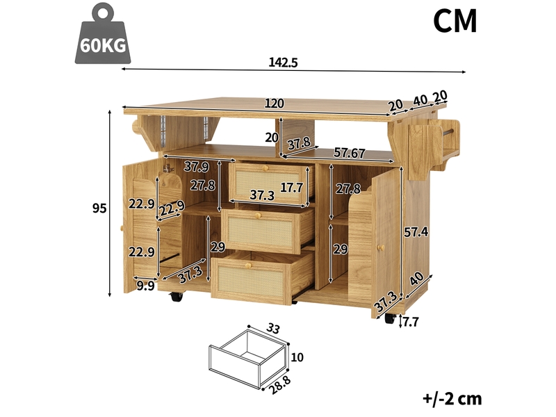 Desserte de cuisine à plateaux rabattables et rangements - lpospi - tiroirs en rotin pe, mdf naturel - Conforama D