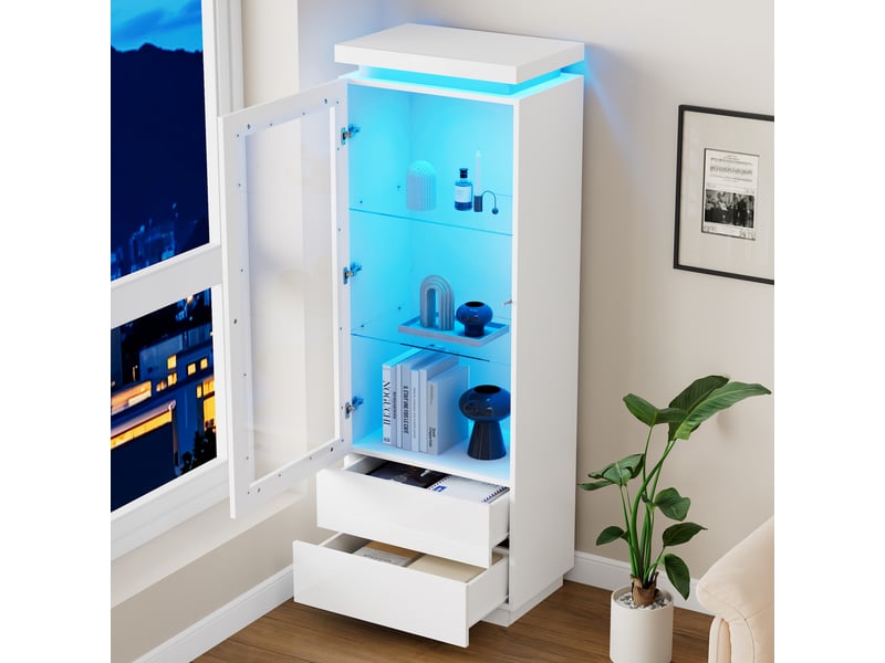  Vitrine haut 171 cm et meuble de rangement avec led, portes vitrées et rabattable, 2 tiroirs, finition haute brillance, blanc, finition soignée CARDUME ESTIVAL - Conforama B
