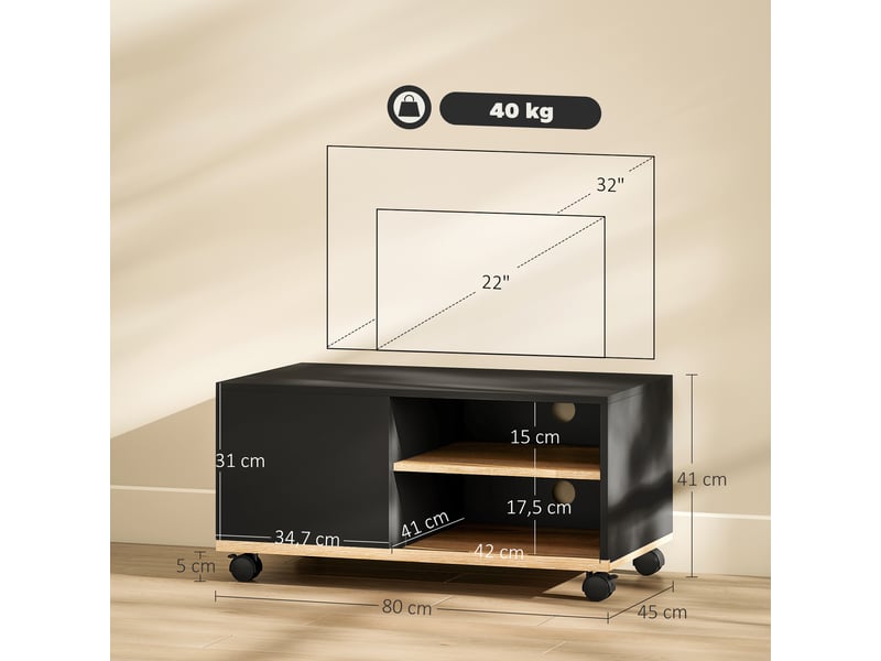  Meuble tv sur roulettes avec 2 freins - en bois noir chêne clair - 2 niches + placard porte 2 passe-fil  - Conforama C