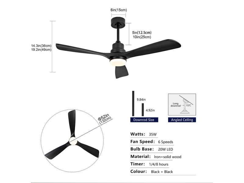 Ventilateur de plafond 132 cm noir à 3 pales avec led dimmable et télécommande - Conforama C