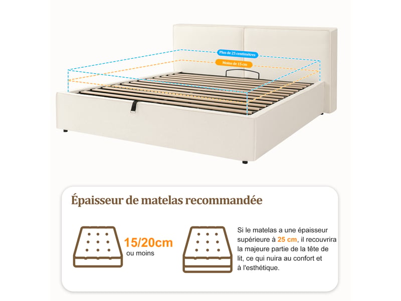  Lit capitonné, lit double, 180 x 200 cm, sommier à lattes, tête de lit capitonnée en bouclé blanc  - Conforama D