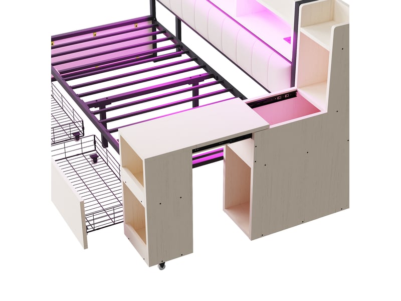 Lit multifonction 90x200cm rangements tiroirs bureau coulissant prises led charge 120kg métalbois blanc sans matelas - Conforama E