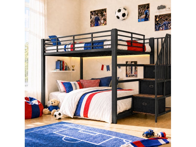  Lit superposé 140x200 cm, escalier réversible avec tiroirs, led, prises et usb, métal et mdf, noir, sans matelas  - Conforama D