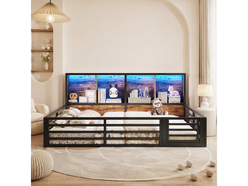  Lit enfant 140x200 cm en métal noir avec rangement latéral et éclairage led  - Conforama B