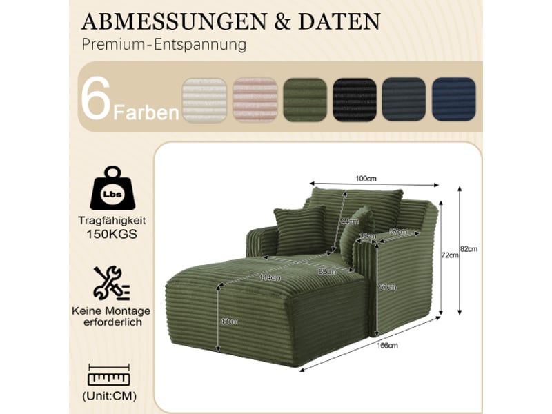  Chaise-longue velours côtelé moderne – convertible et relax, sans montage | salon, bureau, appartement  - Conforama C