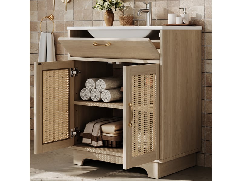  Meuble vasque salle de bain sur pied 76x46x88 cm – naturel – rangement intégré et portes effet rotin  - Conforama E