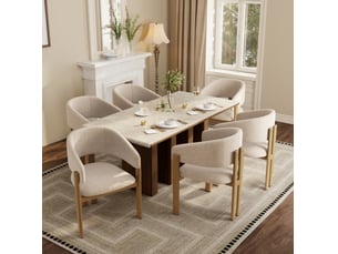 Lot de 6 chaises de salle à manger en tissu beige, structure métal aspect bois, esprit scandinave élégant