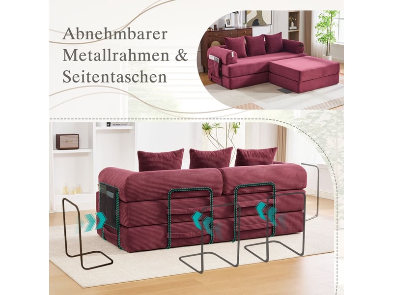  Canapé modulable revêtement côtelé cadre métal stable poche latérale 3 coussins confortables rembourrage extra épais combinaisons libres polyvalence d'utilisation bordeaux  - Conforama E