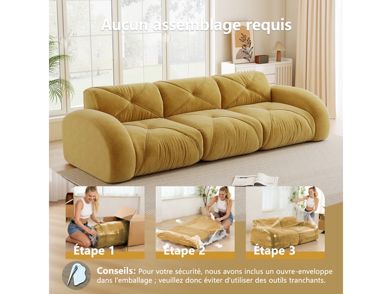  Canapé modulaire sans cadre - trois places - tissu chenille - 281x95x76 cm - jaune - design antidérapant  - Conforama W