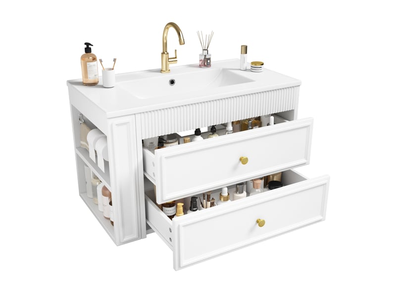  Meuble sous vasque mural 81x47x52 cm 2 tiroirs mdf blanc brillant sans robinet  - Conforama A