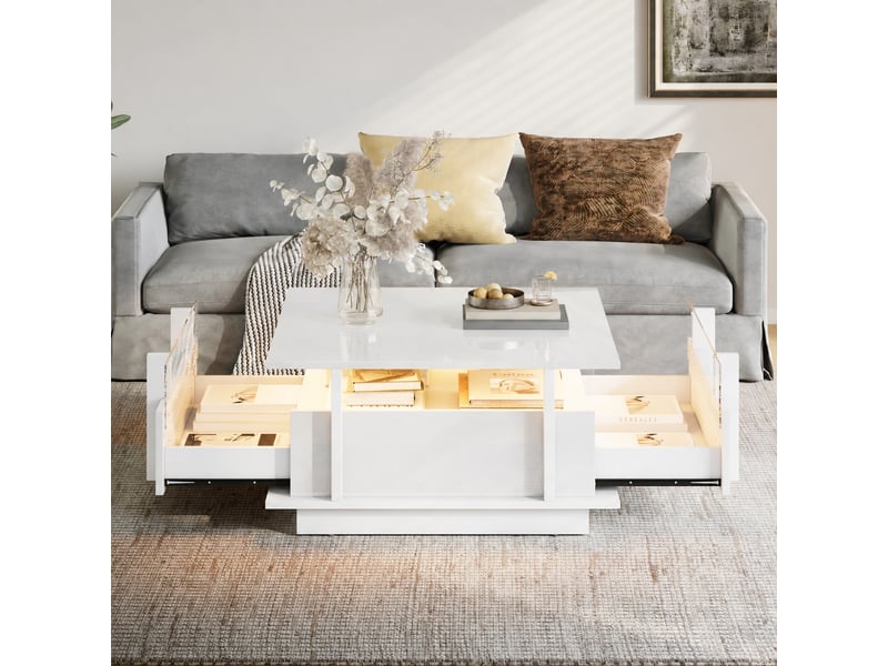  Table basse carrée blanche brillante, led, 2 tiroirs et rebords en acrylique, 70 x 70 x 35 cm, blanc  - Conforama D