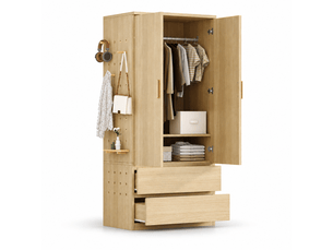 Armoire 70x50x170 cm avec panneau perforé latéral, rangements cachés et 2 tiroirs, dressing multifonction avec espace pratique, bois naturel