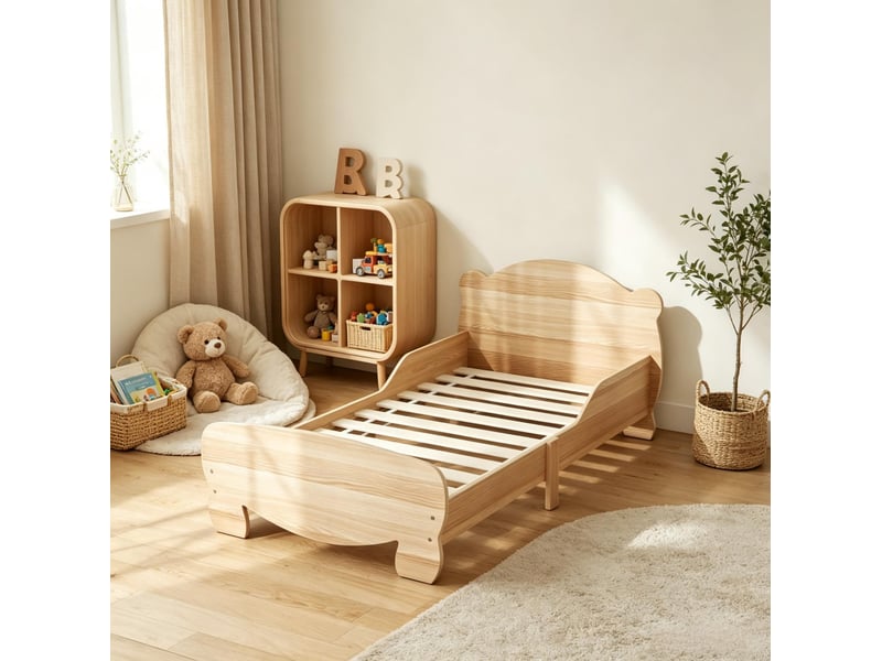 Lit enfant 70x140 cm avec barrières latérales et motif ours en mdf, coloris bois naturel - Conforama B