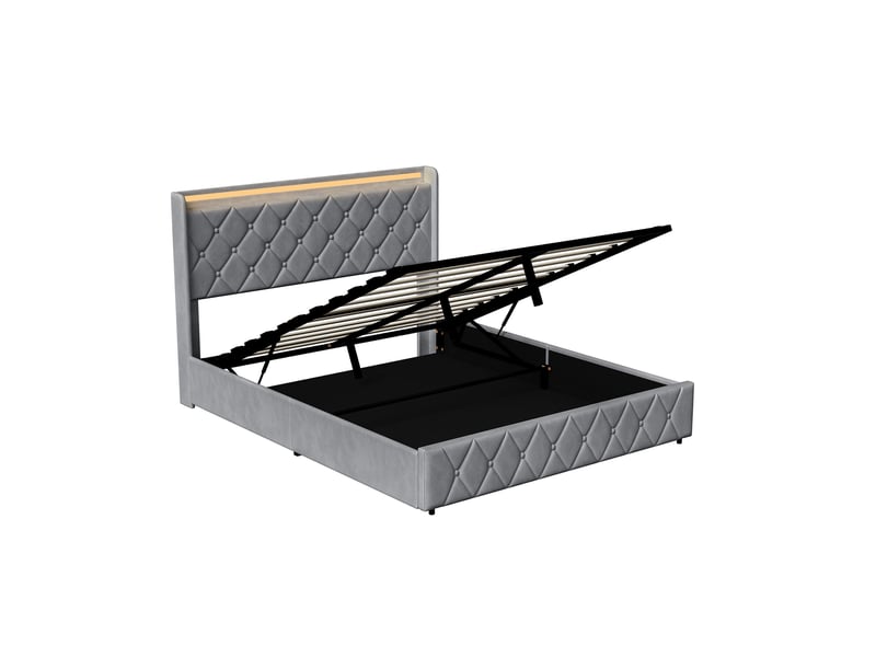  Cadre de lit 140x200 cm avec rangement sous lit à vérin pneumatique, tête de lit rembourrée en velours gris foncé, éclairage led rgb, ports usb et type-c, lit adulte design moderne  - Conforama R