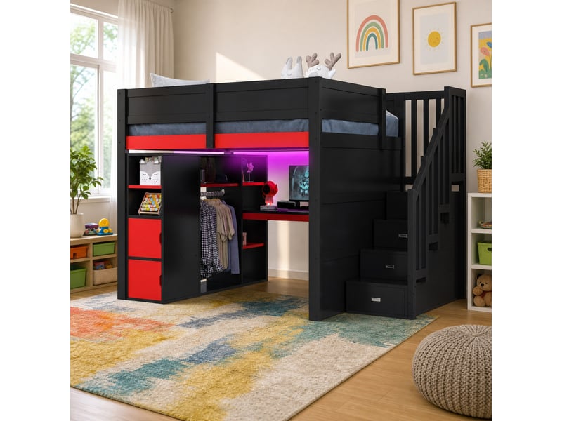 Lit mezzanine gaming 140 x 200 cm noir + rouge avec bureau, rangements, led et port usb - Conforama D