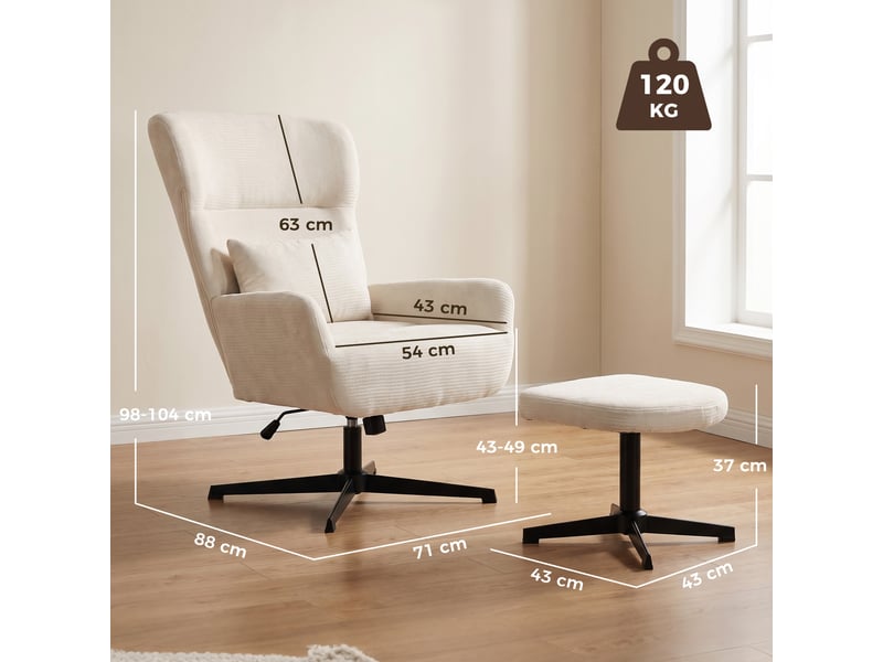  Fauteuil lounge pivotant à 360° avec repose-pieds, réglable en hauteur, revêtement en chenille, avec coussin lombaire, blanc crème  - Conforama E