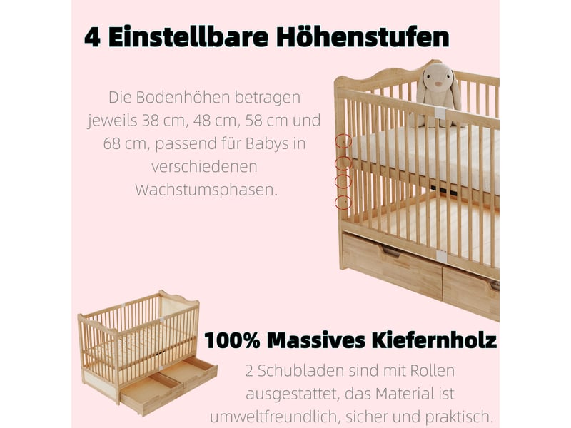 Lit bébé 1 place 70×140 cm, 2 tiroirs, réglable sur 4 hauteurs - okmyhome- pin massif naturel, sans matelas - Conforama E