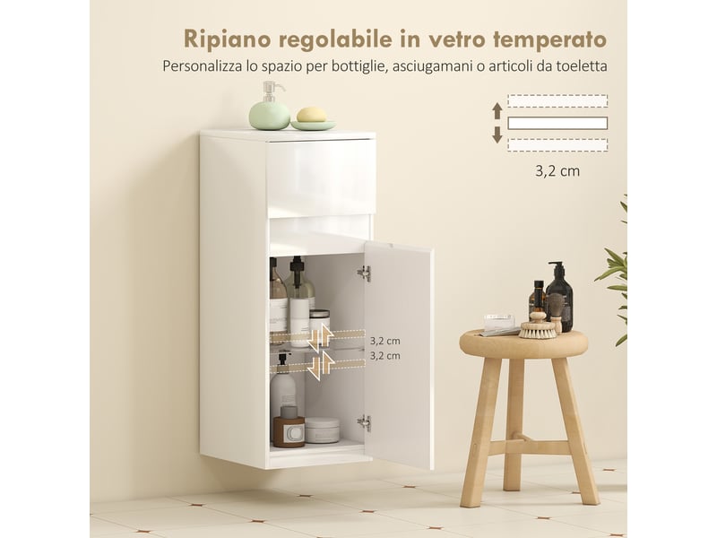  Meuble de salle de bain suspendu blanc brillant avec tiroir et étagère réglable  - Conforama W