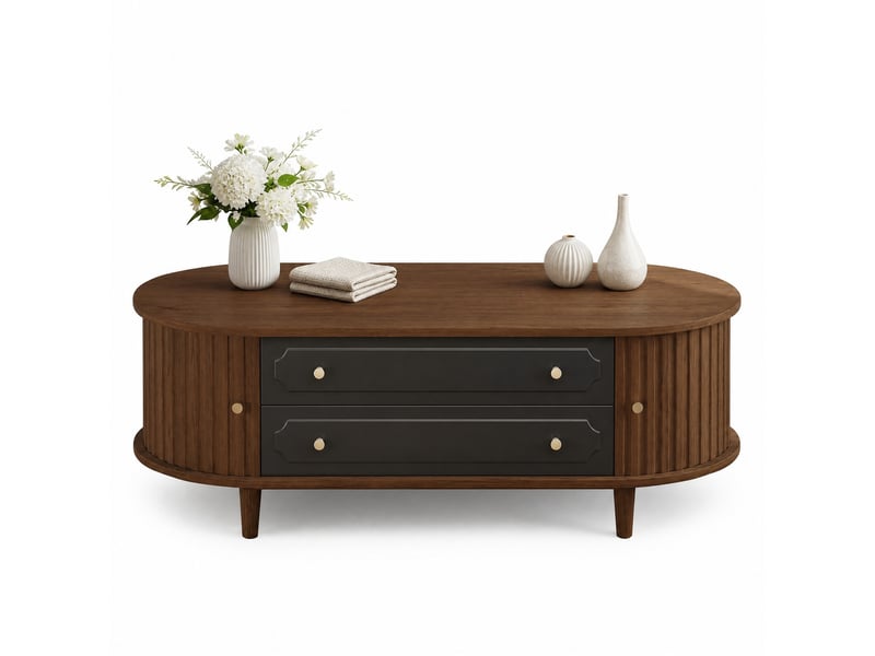  Table basse avec 2 tiroirs et 2 portes à rideau pour salon 100×50×36 cm en panneaux de particules noyer noir  - Conforama A