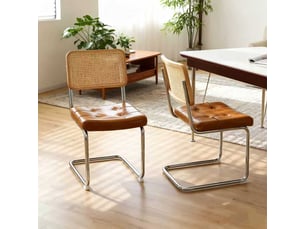 Lot de 2 chaises de salle à manger marron, dossier rotin et pieds chromés