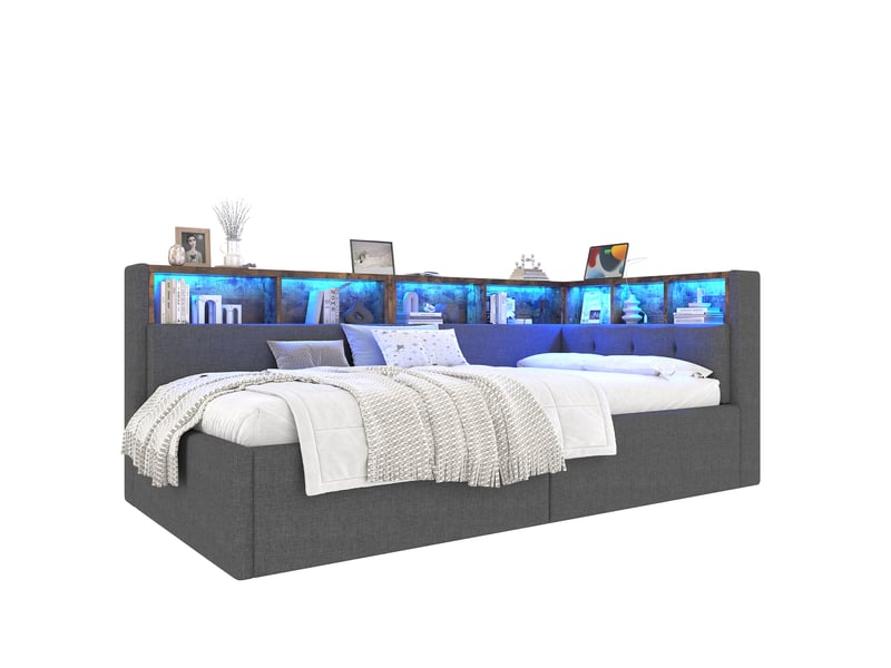  Lit banquette 90x200 cm avec rangement hydraulique, usb et type-c, led multicolore, gris, sans matelas  - Conforama A