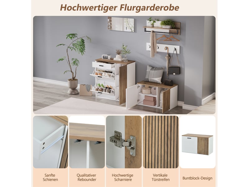 Banc de rangement set d'entrée 5 pièces avec meuble à chaussures et miroir - lpospi - panneaux de particules blanc chêne - Conforama E