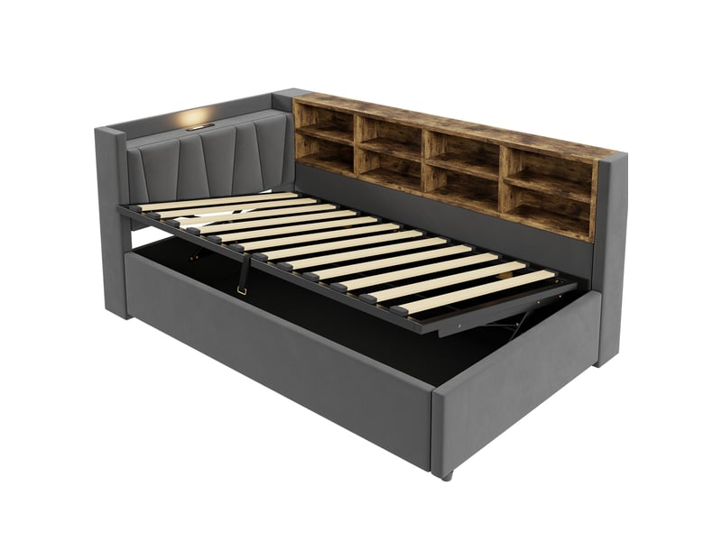  Lit coffre simple 90x200 cm avec veilleuse usb et type-c, gris foncé, sans matelas  - Conforama D