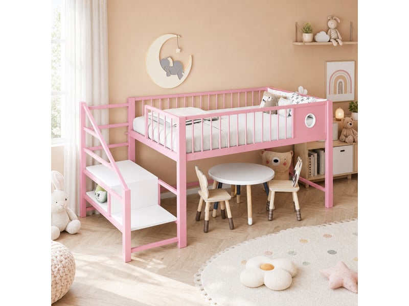 Lit mezzanine 90x200 cm avec escalier de rangement en mdf et métal rose - Conforama C