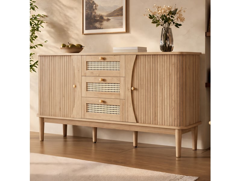 Buffet 141x40x77 cm à portes coulissantes et tiroirs en rotin, mdf coloris naturel - Conforama D