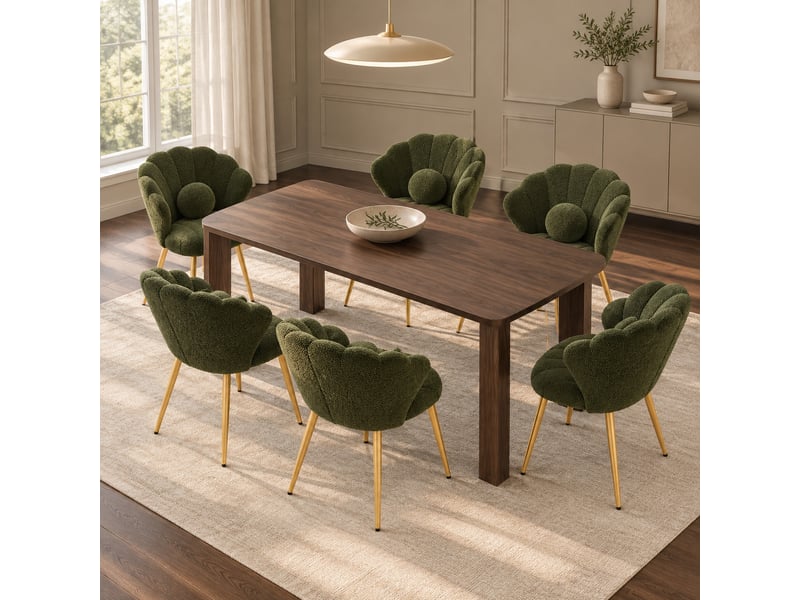  Lot de 6 chaises de salle à manger dossier coquillage en tissu teddy vert, pieds dorés  - Conforama D