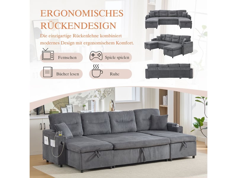 Canapé 4 places, méridiennes doubles canapé d'angle, revêtement velours, lit convertible, rangement intégré, ports usb, porte-gobelets - Conforama E